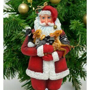 Vintage Santa Claus Christmas Tree Holding Animals Nature Wildlife Woodland